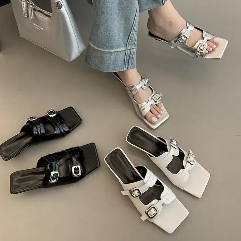 Women Summer Slippers Low Heels Shoes for Women New Square Toe Retro Metal Buckle Sandalias De Mujer Fashion Slip On Flip Flop