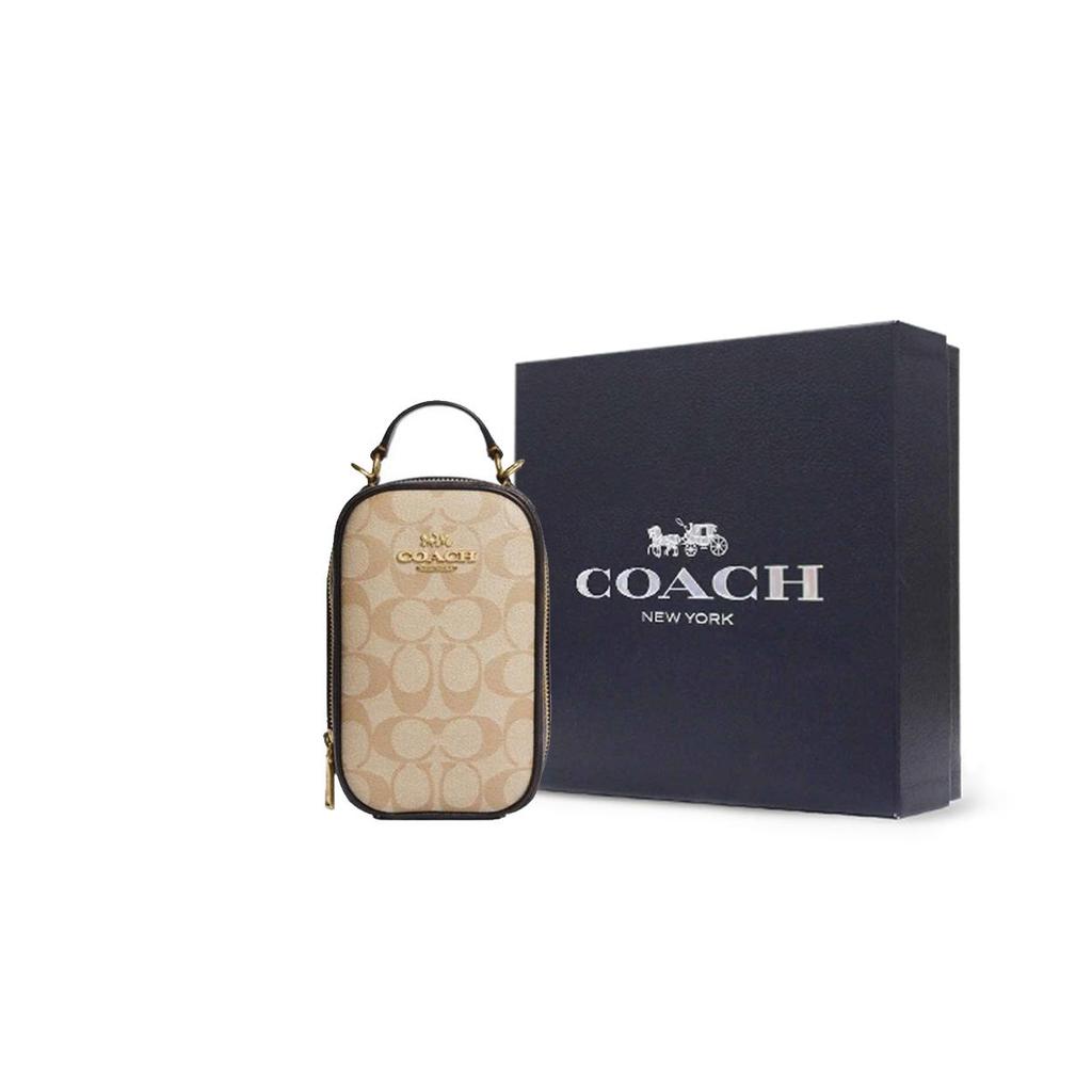COACH Eva Artificial Leather Cell Phone Pouch Handbag Mini Women's Light Khaki & Brown CB852-IMUOH