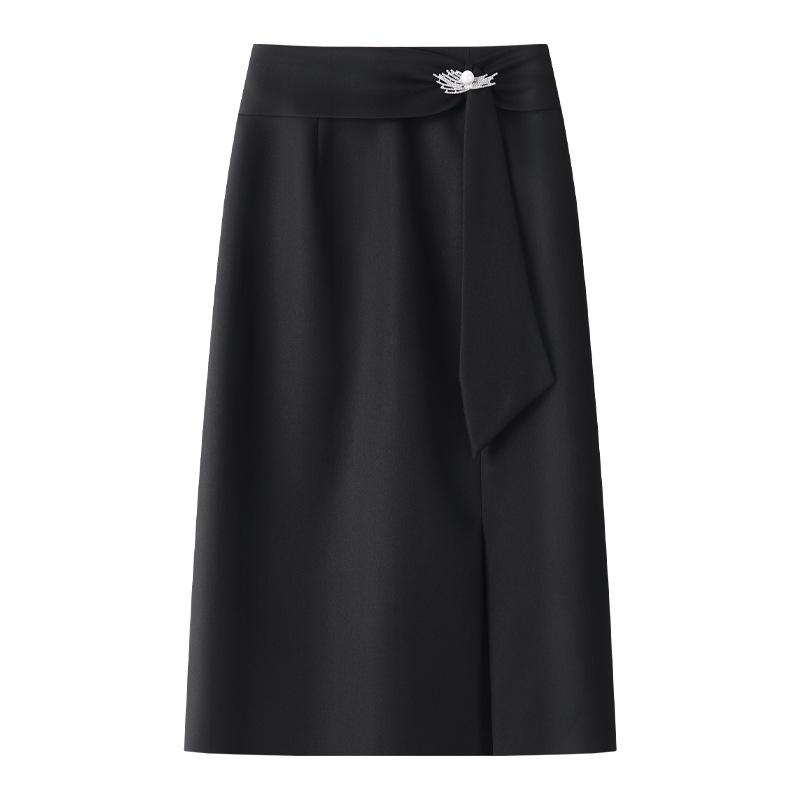 

Женская серая юбка миди с разрезом, с высокой посадкой, весна-осень 2025 L чёрный