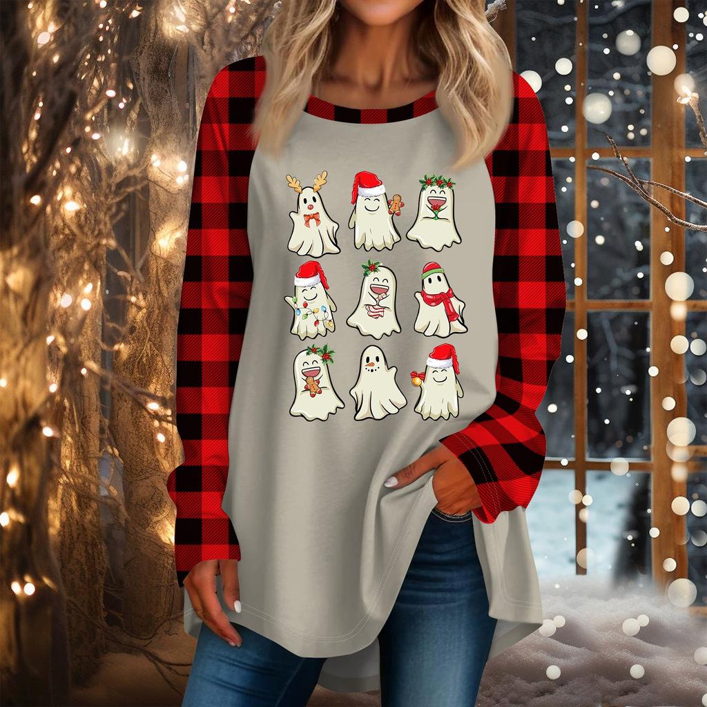 Damen Casual Plus Size Langarm Rundhalsausschnitt Weihnachtsdruck T-Shirt Top Pullover