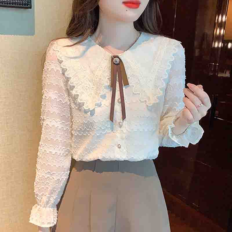 Fashion New 2024 Autumn Long Sleeve Doll Collar Casual Apricot Blouse Shirt Women Tops Blouses Shirts J567