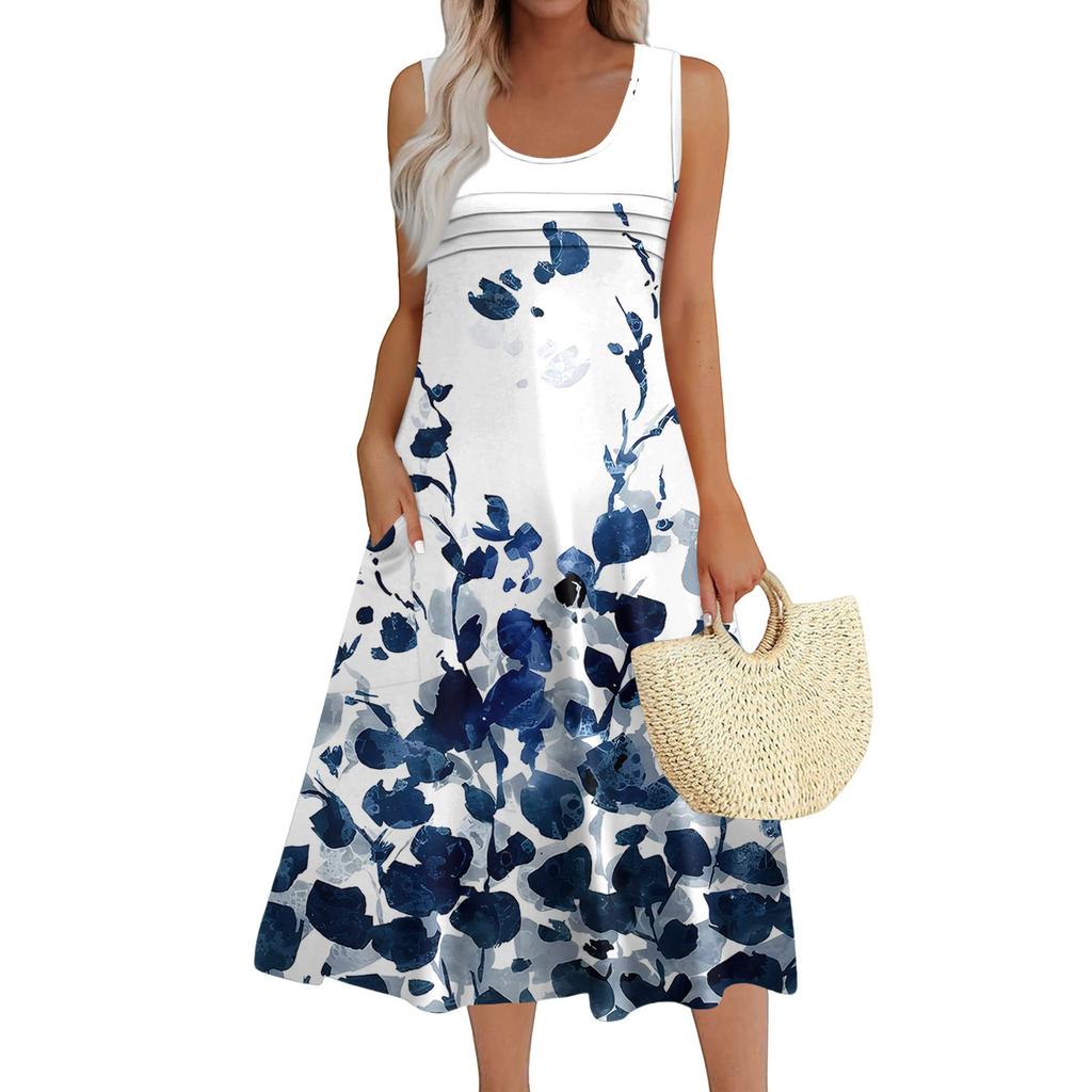 Women's Fashion Round Neck Sleeveless Pleated Beach Dress With Pockets Long Floral Dresses