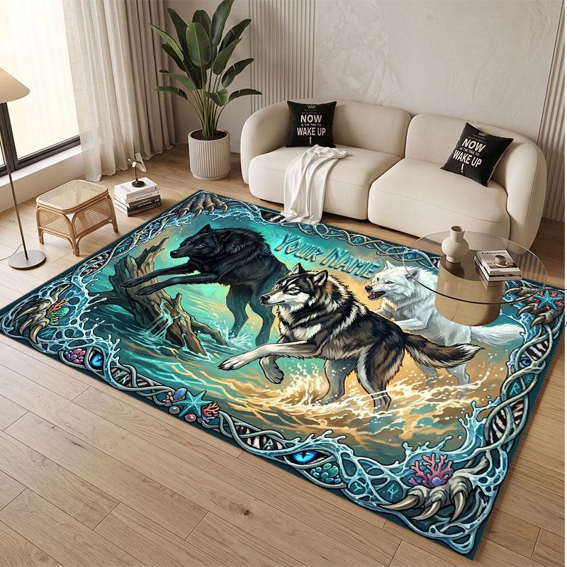 Wolf Theme Soft Crystal Velvet Rug Custom Name & Text Print Non Slip Floor Rug for Bedroom Living Room