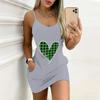 Summer New Clover and Heart-shaped Lines Pattern Print Sleeveless Bodycon Dress with Pockets Sexy Slim Fit Elegant Party Dress