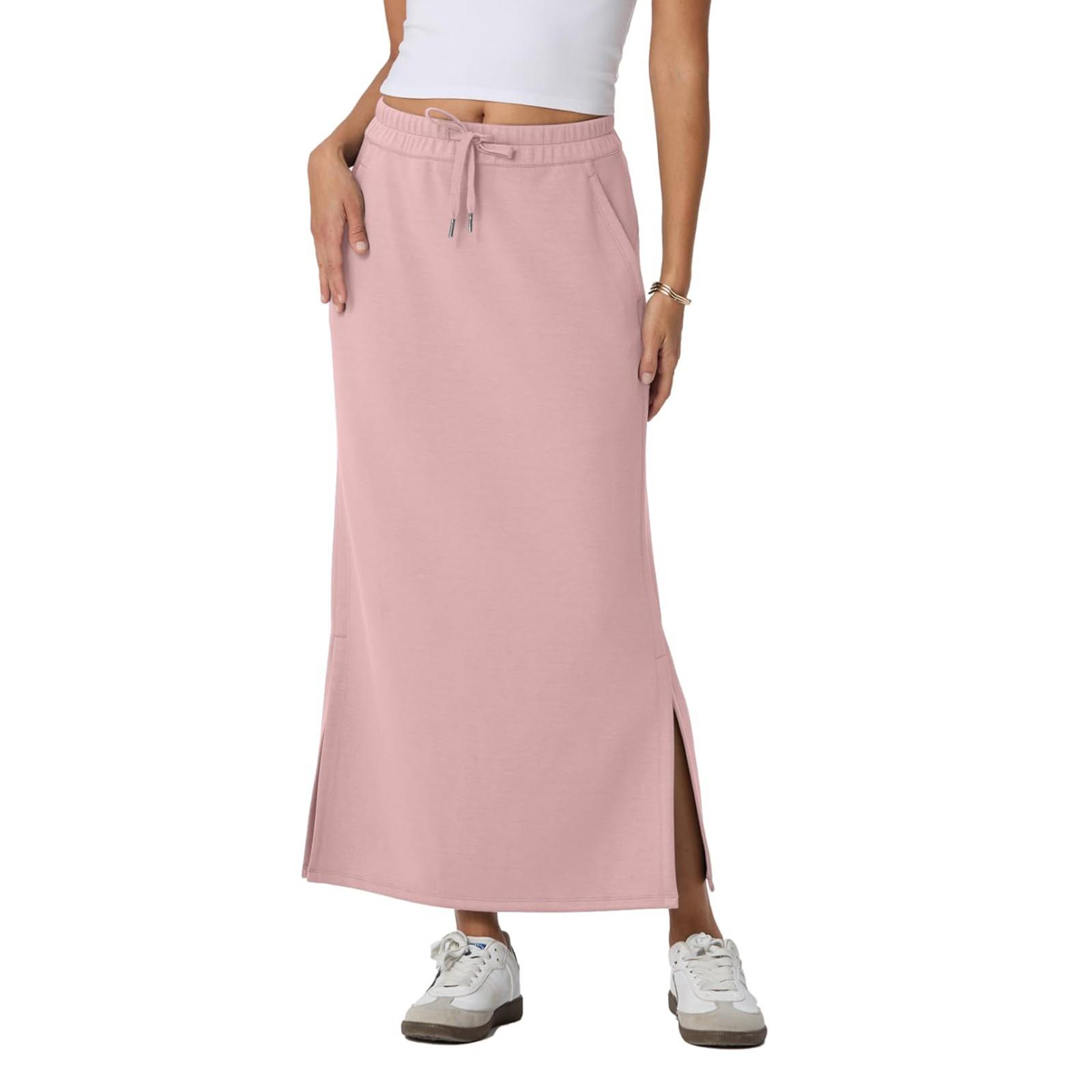 

Casual Maxi Skirts For Womens High Waist Trendy Drawstring Side Slit Skirts With Pockets L розовый
