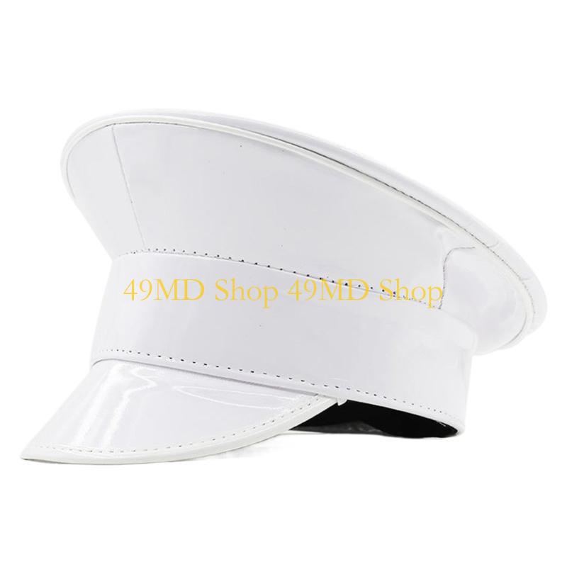49MD PU Leather Flat Top Sailor Hat for Women Bachelorette Party Hat Shimmering Captain Caps for Stage Performances Nightc