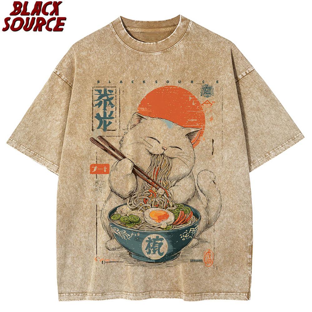

Cute Ramen T Shirts for Men Japanese Cat T-shirt Summer Cotton Short Sleeve Graphic T Shirts Unisex Clothing Cartoon 3XL
