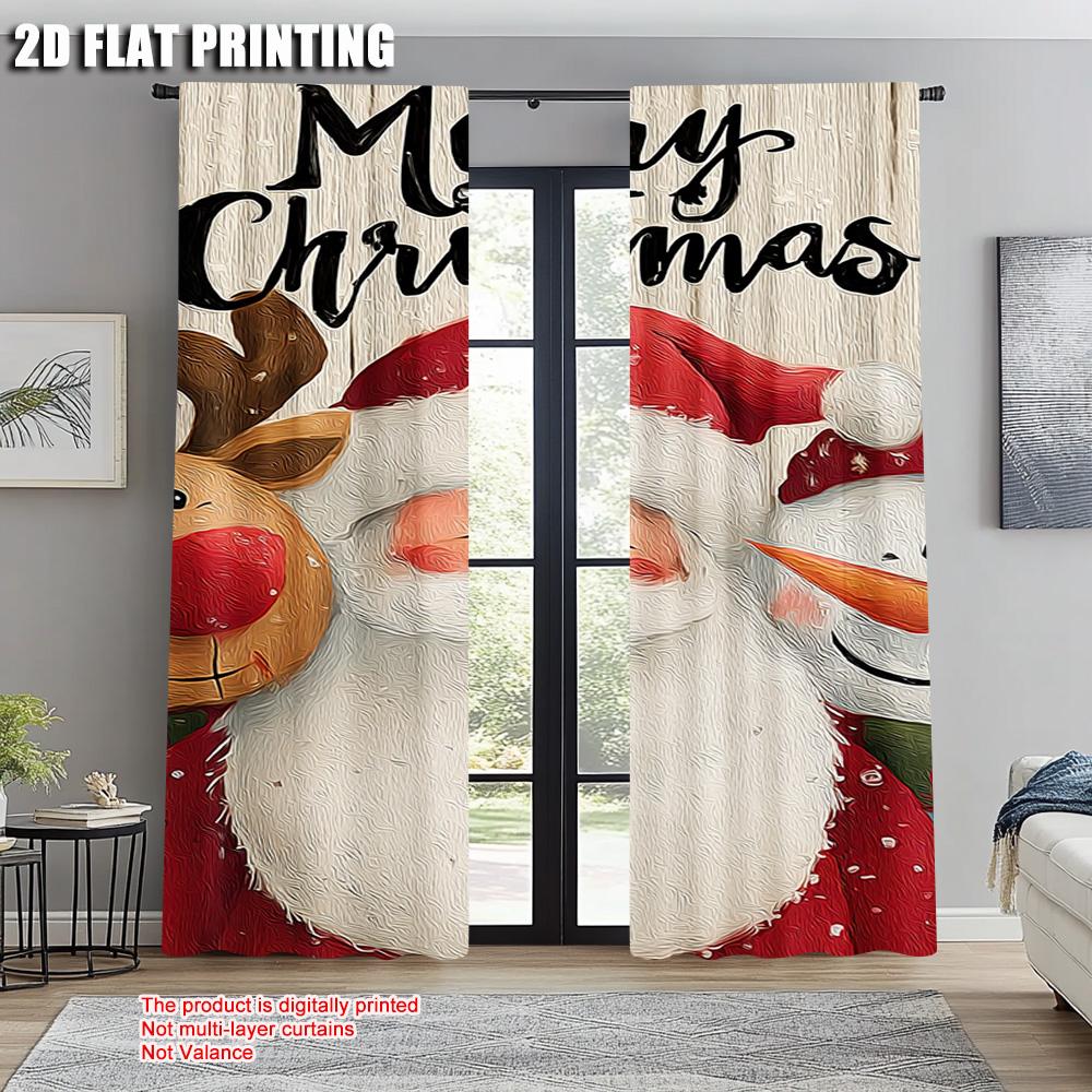 2pcs,2D Plane Printing Popular Curtain Panels Merry Christmas Santa_ Snowman and Reindeer Versatile Durable Polyester (without