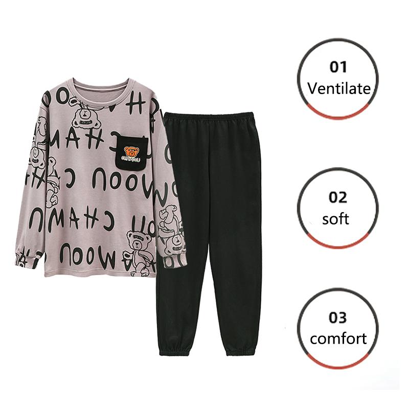Plus Size Men Pajamas Autumn Winter Long-Sleeved Loose Leisure Cartoon Bear Striped 2PCS/Set Black O-Neck Soft Casual Loungewear
