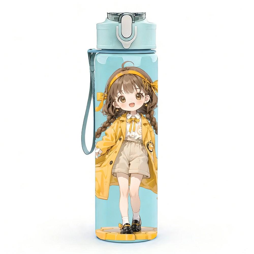1PC Blonde Girl Yellow Dress Pattern 750ml Color Plastic Sports Water Bottle Leakproof Flip Straw Lid Suitable for Sports Office Home Use