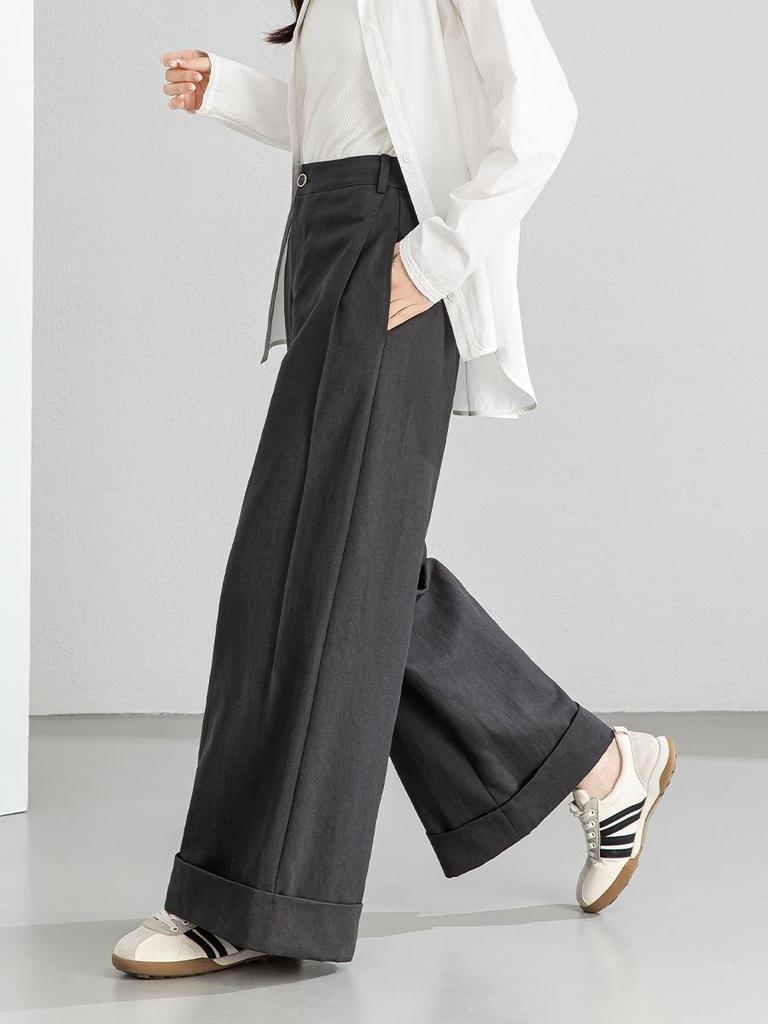 Xin Ge Women's Spring Tencel Cotton High Waist Wide Leg Pants with a Lazy Style Design