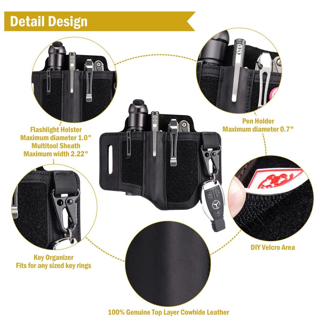 VIPERADE PL3 Lederscheide mit DIY-Patch EDC Taschenorganizer für Leatherman Scheide mit Stifthalter Taschenlampe EDC Gürtelorganizer mit Schlüsselanhänger