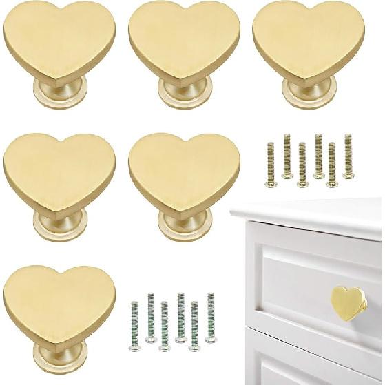6 Pcs Brass Heart-Shaped Gold Cabinet Knobs, Suitable for Bathroom & Kitchen Drawer Pulls