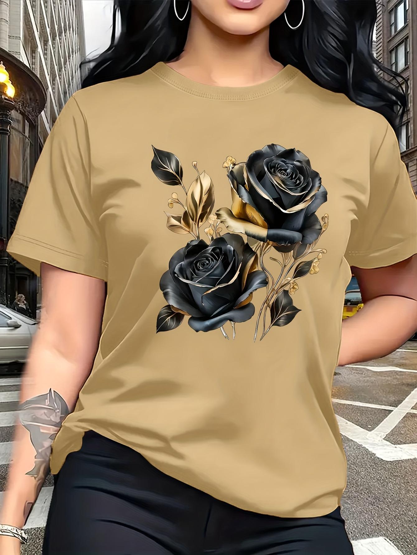 

Luxurious Retro-style Decorative Design with Black and Golden Rose Pattern Print. Fashionable and Breathable T-shirt. Suitable for Family Trips. Campu S дубильная кора