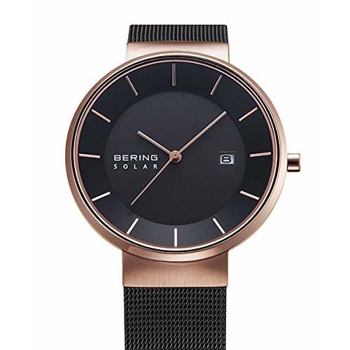 BERING Solar Watch for Men and Women (Unisex) Black and Rose Gold Stainless Steel with Mesh Strap and Sapphire Crystal (Product Number: 14639-166) Off