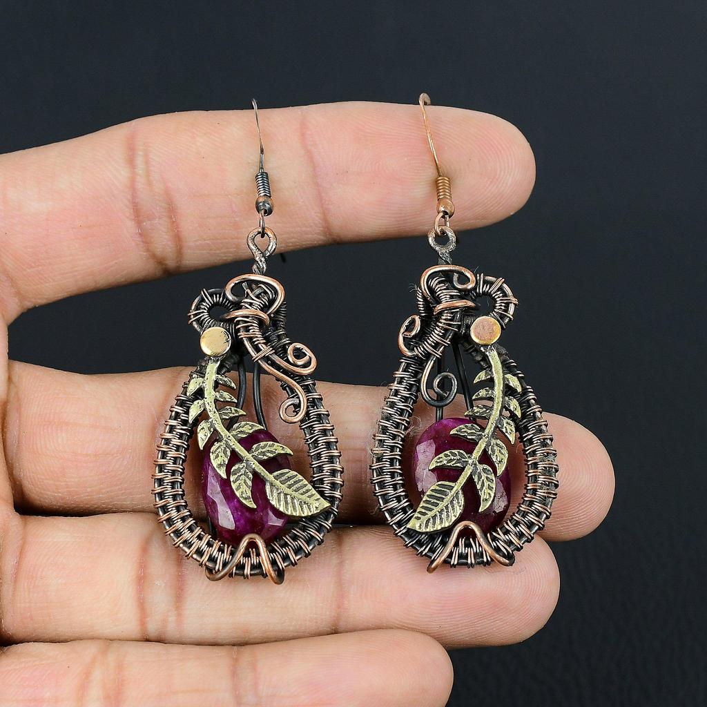 Wonderful Ruby Gemstone Handmade Pure Copper Wire Wrapped Earrings Jewelry