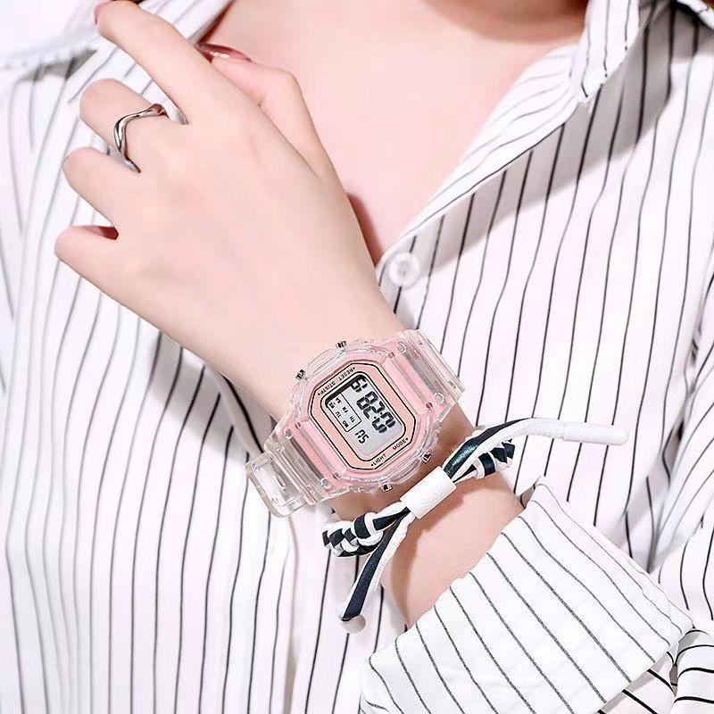 Reloj Deportivo Cuadrado Transparente Estilo Influencer de Moda para Mujer, Diseño LED Resistente al Agua
