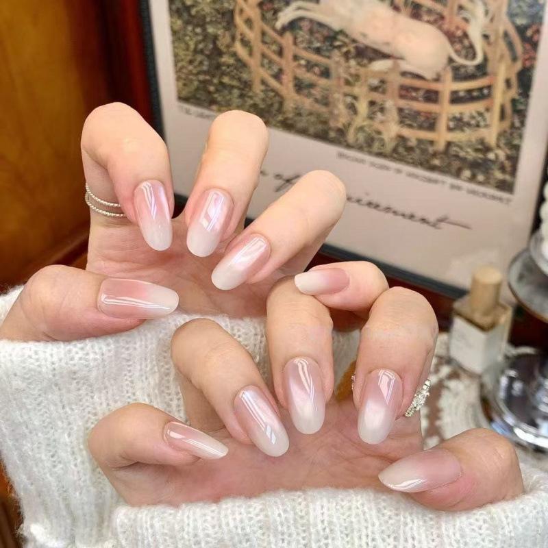 Gradient Pink Nude Cat Eye Press-on Nails – Elegant Handmade Manicure Stickers M (for larger hands/taller individuals)