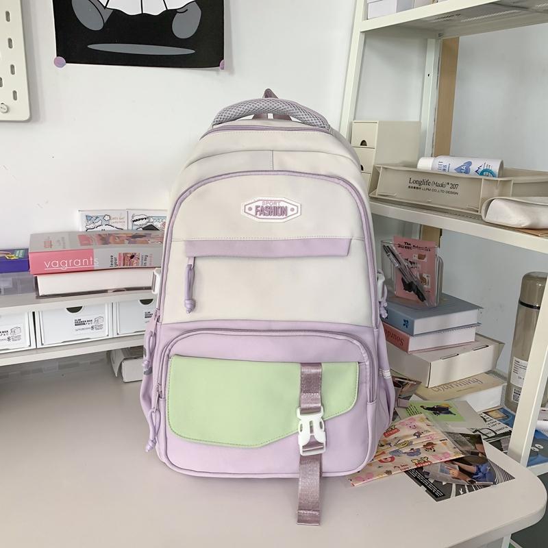Women Large Capacity Schoolbag Campus Color Block Backpack Multi-Compartment Student Travel Backpack