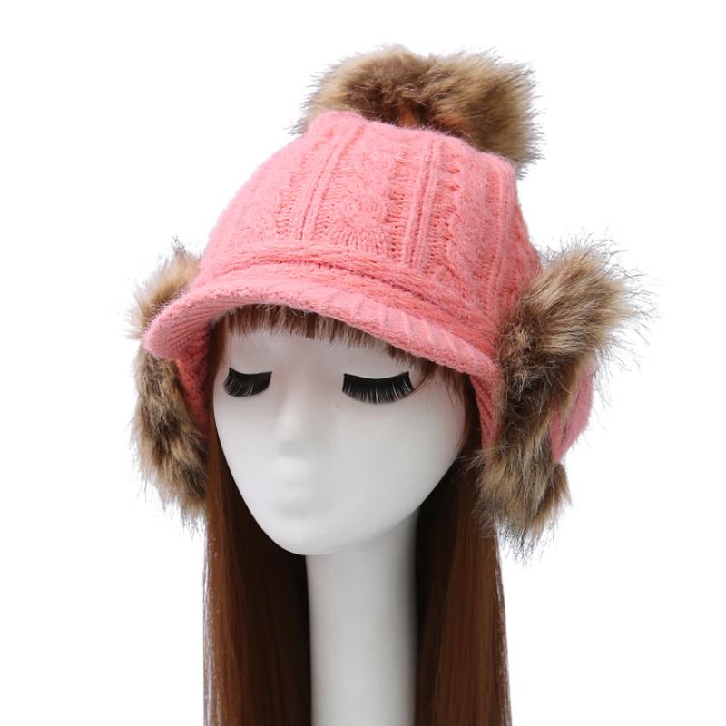 ZHENYUEQI Women s Fleece Lined Pom-Pom Ear-Cover Knit Hat