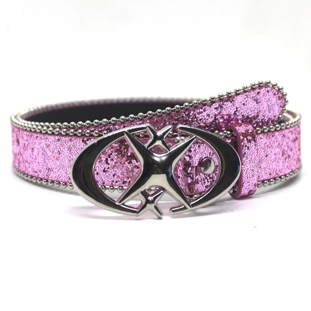 Bling Ster Strass Riem Dames Luxe Pailletten Punk Metalen Gesp Riem Mode Tailleband Jeans Broek Decoratie Riem 103CM roze