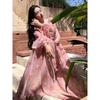 French High-end Collar Pink Floral Dress Women's Summer Temperament Beautiful Word Lantern Sleeve Tulle Long Skirt