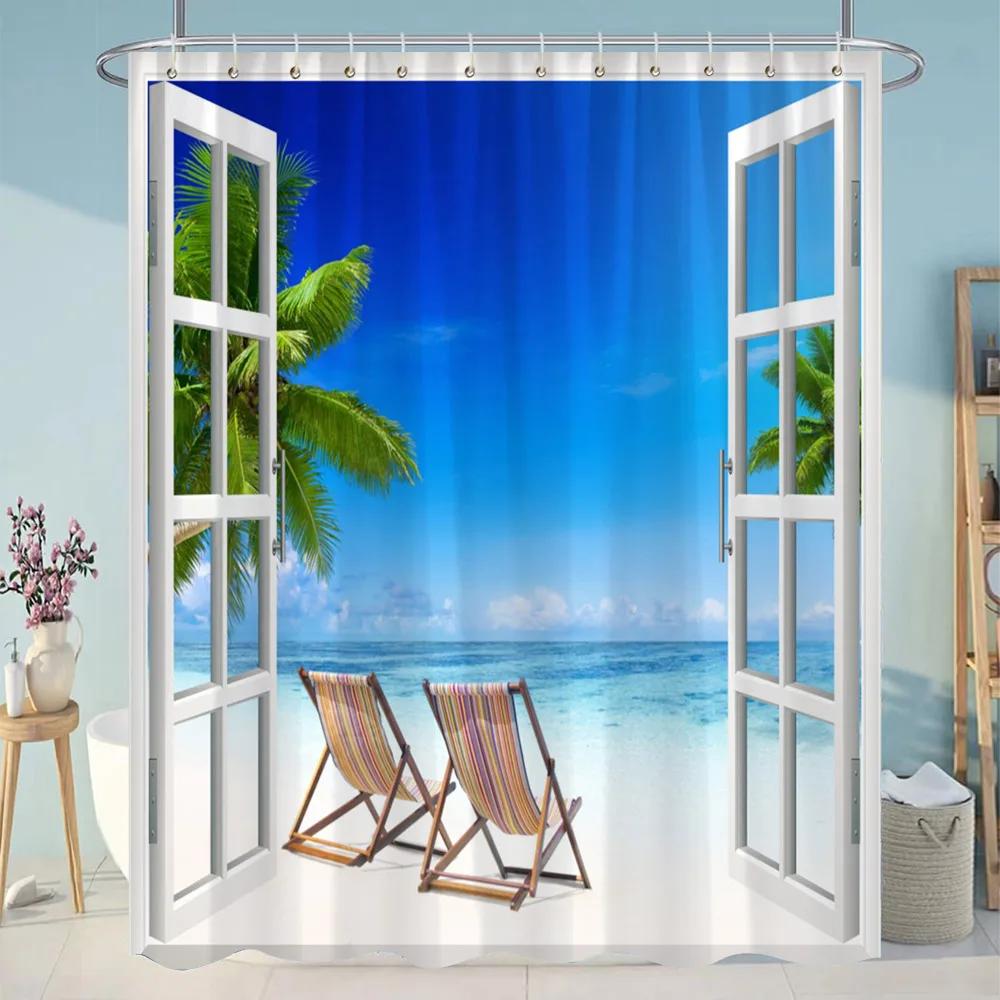 Simulation Window Beach Forest Outdoor Shower Curtain Tropical Seaside Landscape Bohemian Cloth Hanging Curtains Bathroom Decor