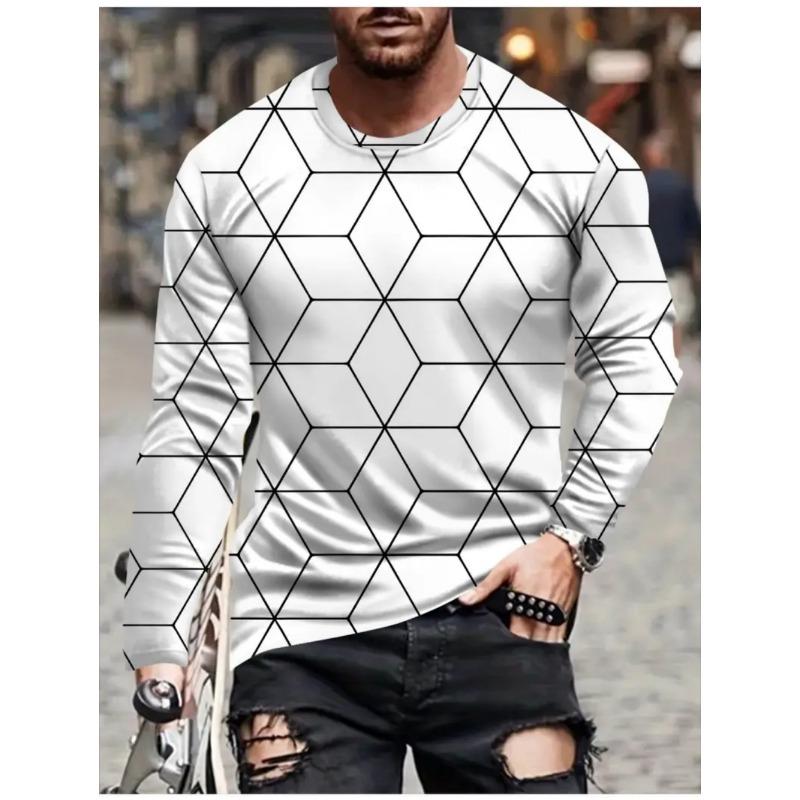 T Shirts for Man Geometric Block 3D Print Autumn Long Sleeve T-Shirt Pullover Casual Male Tops Street Lightweight Men's Clothes