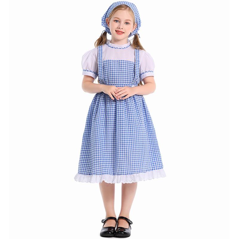 Blue Plaid Kids Dress With Headband Fairy Tale Cosplay Stage Performance Costume