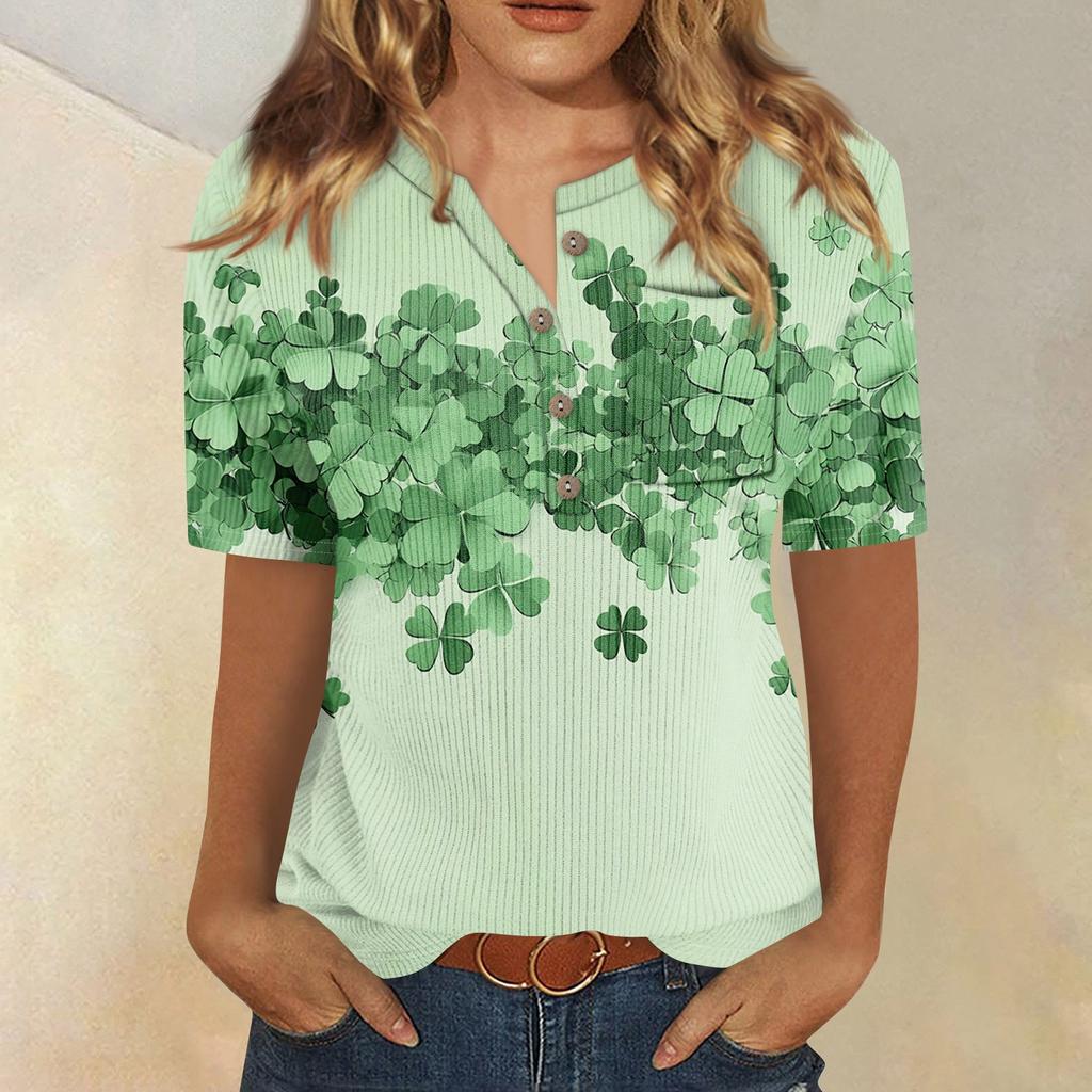 T-Shirts für Damen, plissiert, V-Ausschnitt, elegant, lässig, Blusen, bedruckt, kurzärmelig, Sommeroberteile, lockere Passform