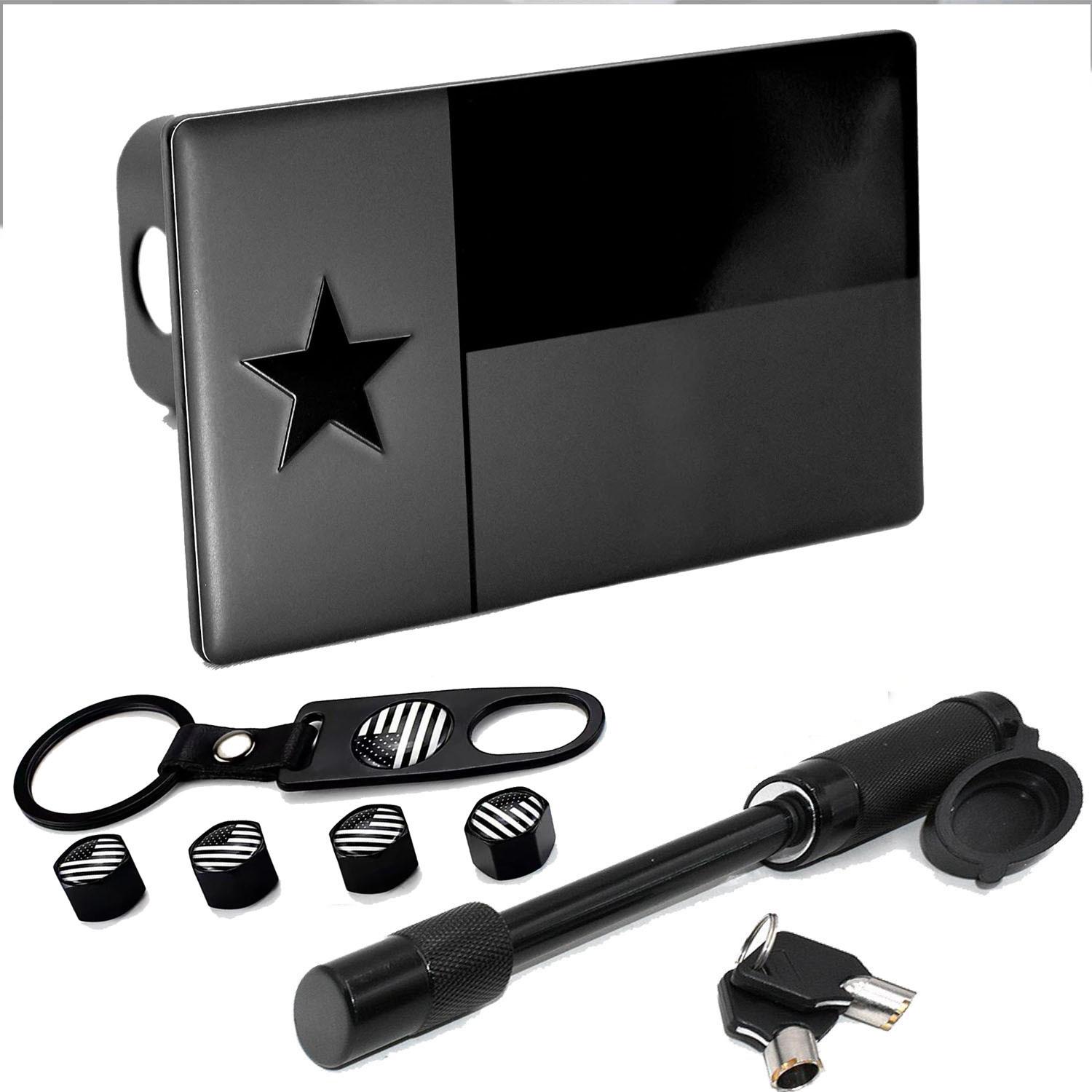 

Texas State Flag 3D Metal Hitch Cover with Protective Cap with Silver Trailer Lock + Valve Caps