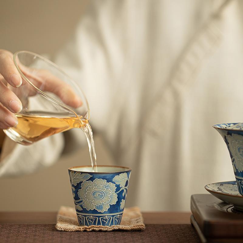 Blue and White Peony Tea Cup Ceramic Master's Cup Chinese Gongfu Tea  Elegant Collectible Teaware Gift for Tea Lovers