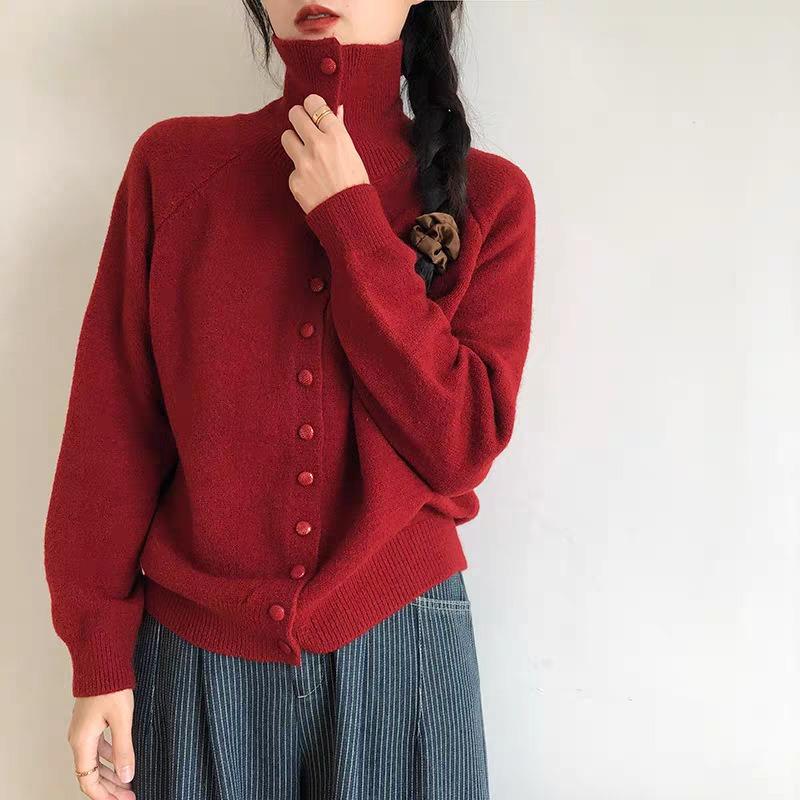 Versatile turtleneck knitted cardigan jacket women's autumn and winter new loose and thin thickened soft waxy sweater