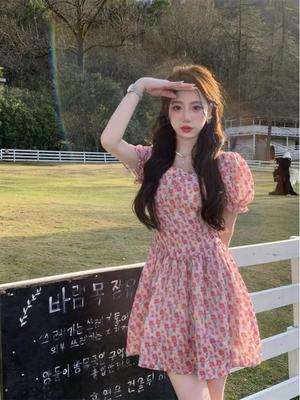 French First Love Pink Pure Desire Square Collar Floral Year Summer New Dress Small Gentle Wind Short Skirt
