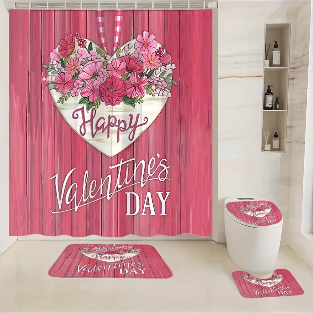 4Pcs Bathroom Shower Curtain Set Pink Flowers Bathroom Curtain With 12 Hooks Non Slip Rugs Toilet Cover Mat Bathroom Partition