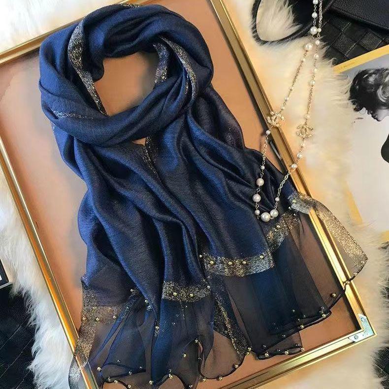 Summer Gold and Silver Edge Beaded Silk Scarf - Beach Sunscreen Shawl for Women