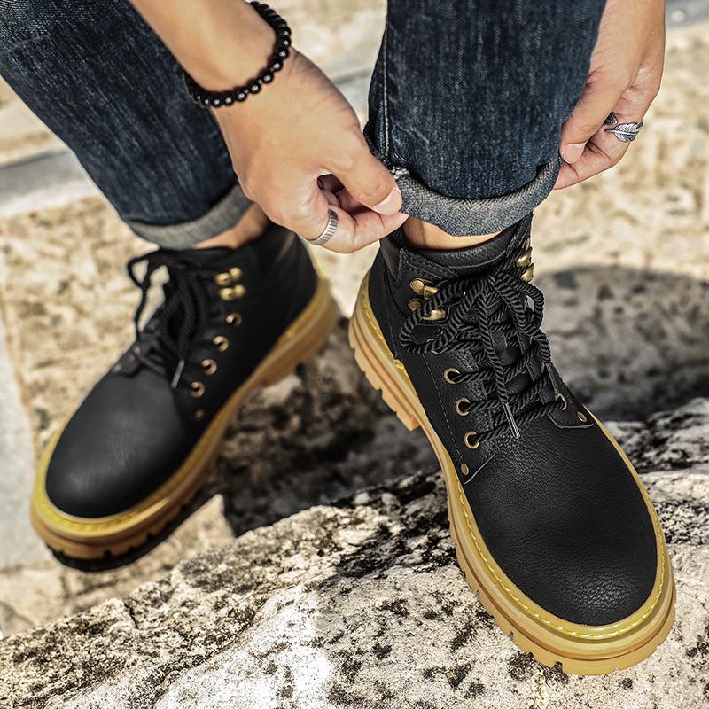 Men's Winter High-Top Genuine Leather Retro Martin Boots with Velvet Lining, British Style, Yellow