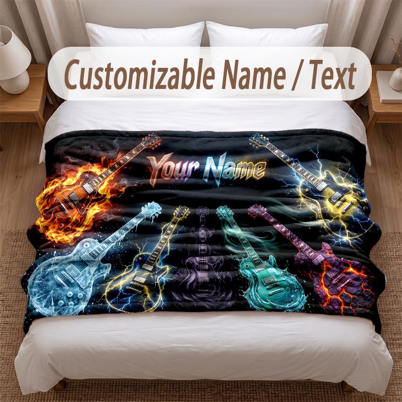 Music Guitar Theme Soft Blanket Personalized Custom Name Text Print Warm Blanket Home Sofa Bedroom Decor