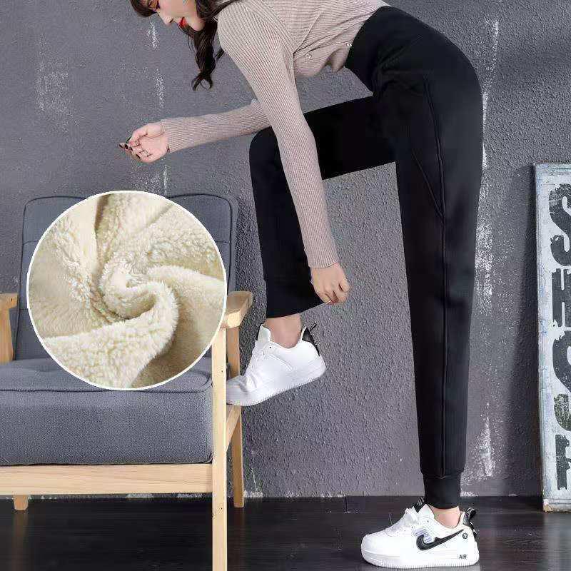 

Женские брюки с высокой талией из овчины и флисовой подкладкой - Теплые повседневные спортивные брюки на осень/зиму M for 75-100 jin