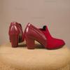 Red Women's Pointed Toe Leather Boots Chunky Heel Office Ladies Shoes Elegant Plus Size Mid Heel Ankle Booties Autumn Winter