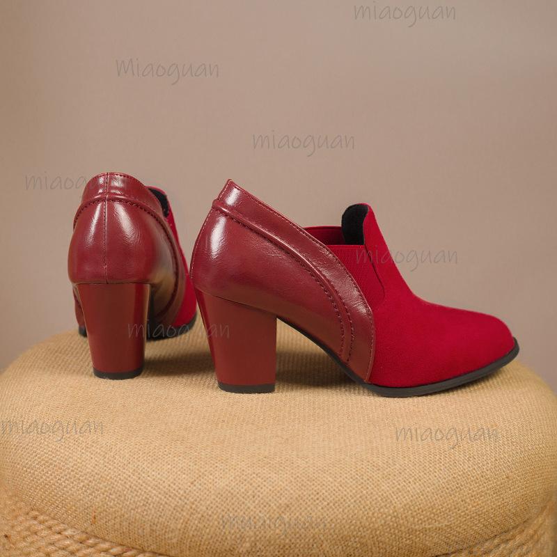 Red Women's Pointed Toe Leather Boots Chunky Heel Office Ladies Shoes Elegant Plus Size Mid Heel Ankle Booties Autumn Winter