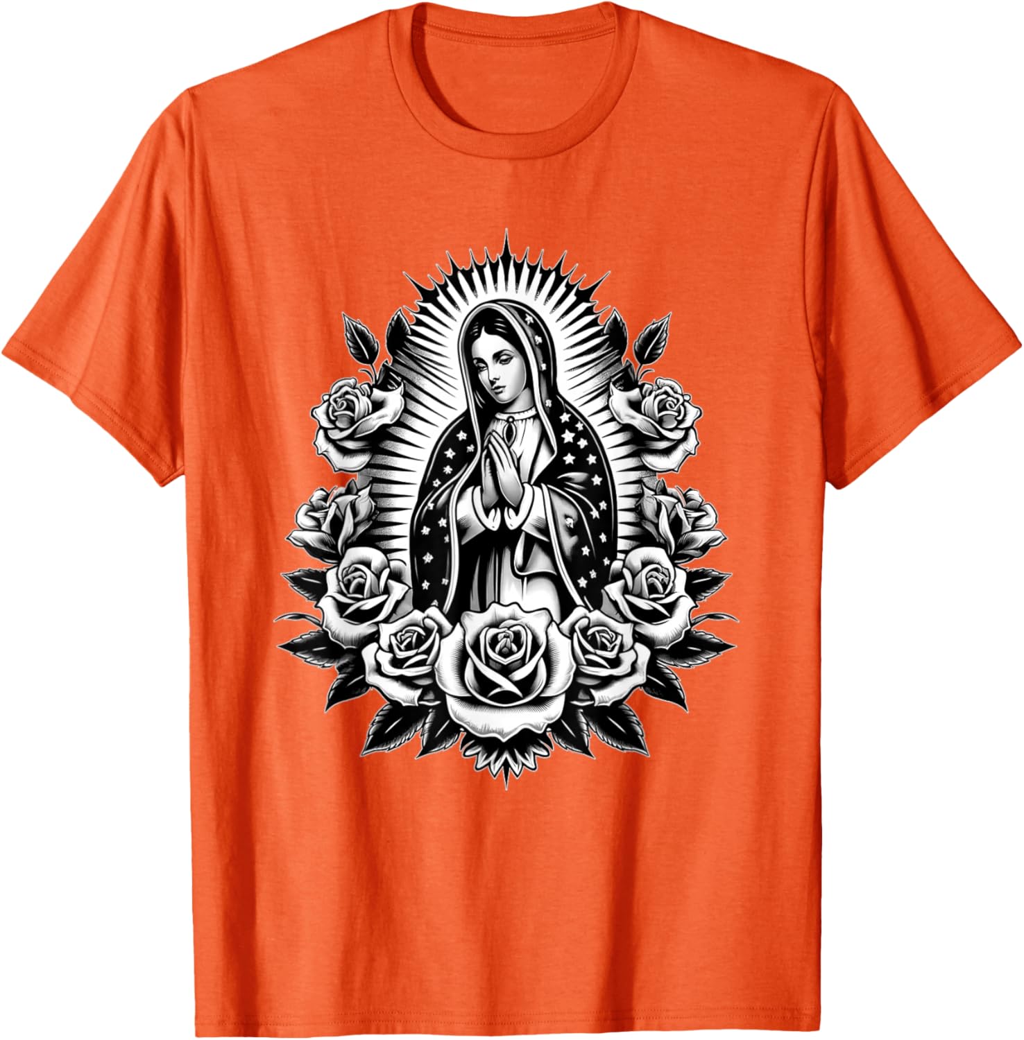 

Virgin Mary Guadalupe Roses Graphic T-Shirt Religious Catholic Virginita Floral Print Tee Men Casual 4XL