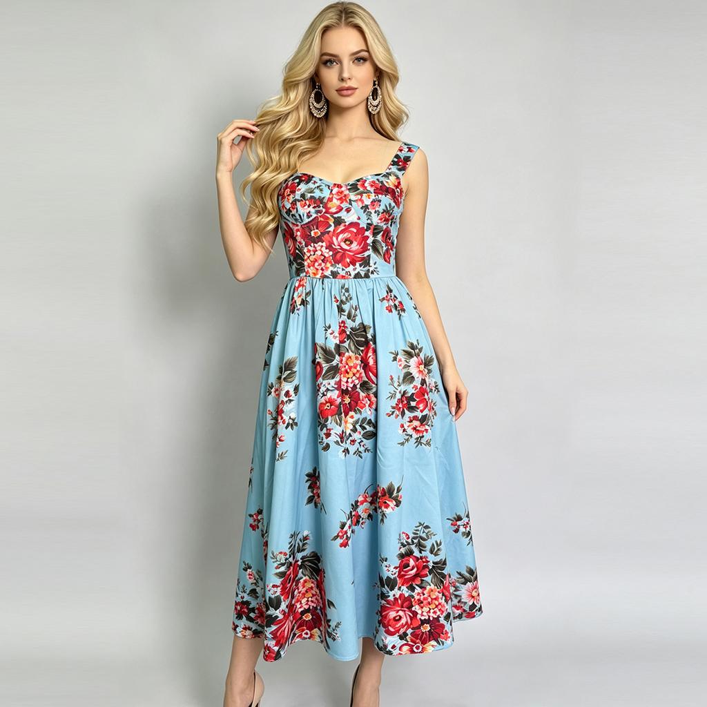 New Summer Holiday Elastic Floral Print Long Dress Women's Spaghetti Strap Cup Padded Backless A-Line Boho Midi Dress