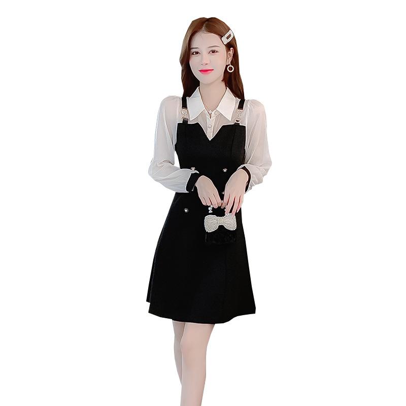 Spring new fake two-piece dress women's clothing spring small man waist thin bottom small black skirt