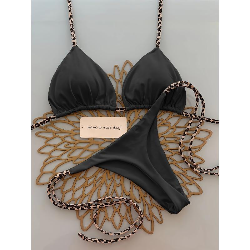Ladies' Fashionable Leopard Print Bikini Swimsuit - Tie String Triangle Top & Thong Bottom Set, Sexy Beach Vacation Outfit