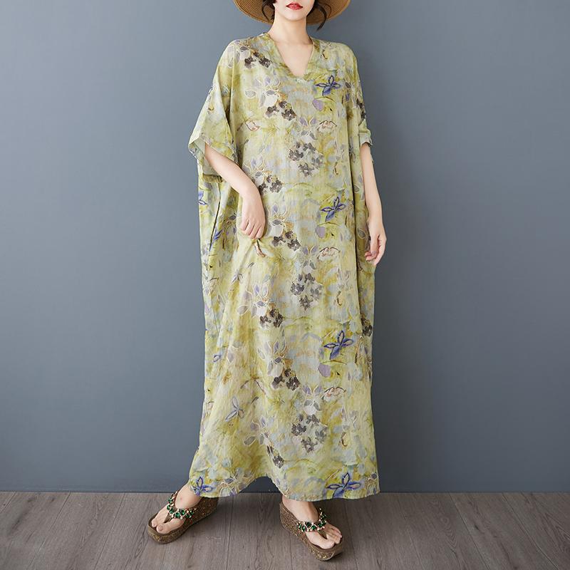

DIMANAF 2025 Summer Plus Size Dress Women Casual Long Dress V-Neck Loose Vintage Floral Printing Basic Dress Maxi One Size жёлтый