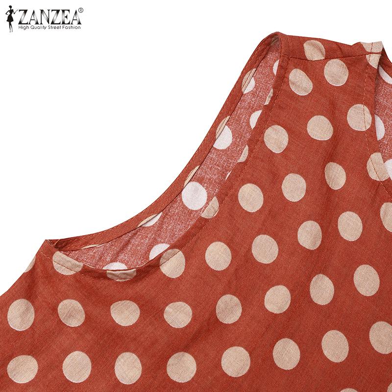 ZANZEA Women Casual O-neck Sleeveless Polka Dot Print Long Dress