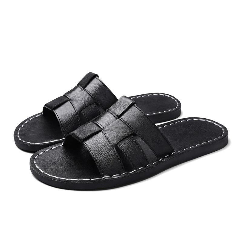 Men Slippers Handmade Simple Flats Brown Leather Sandals Black Summer Roman Sandals Open Toe Beach Shoes Plus Size