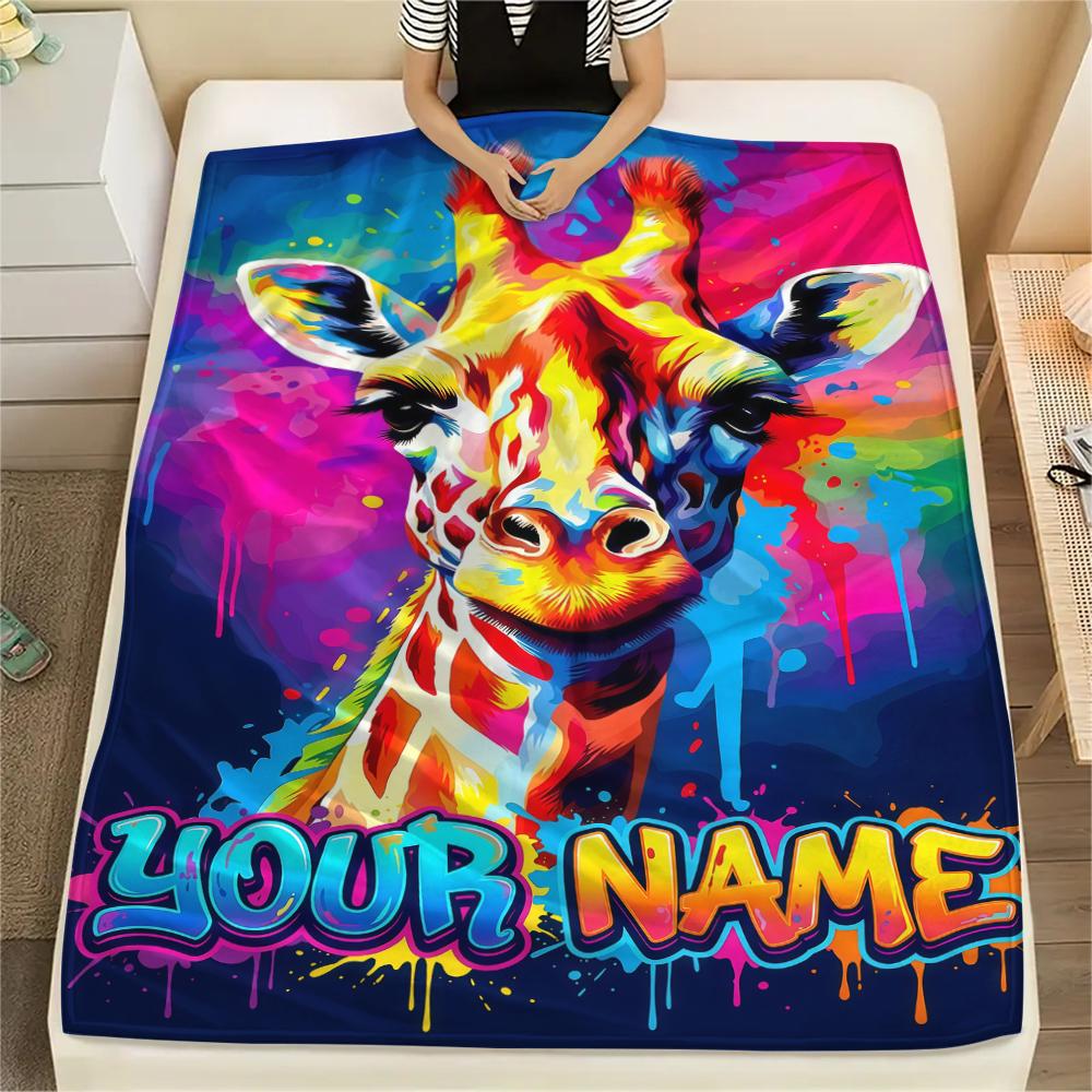 1PC Custom Name Giraffe Floral Name Art Patterned Flannel Blanket Suitable For All Seasons for Home Decor Warmth and Comfort Gifts Holiday Present_lx