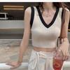 Summer New American Retro College Style Color Contrast Sweet and Spicy Short V-neck with A Small Vest Top with Halter